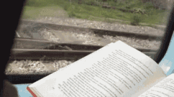 a person is reading a book on a train