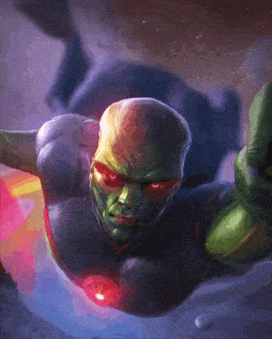 a painting of a superhero with red eyes flying through space