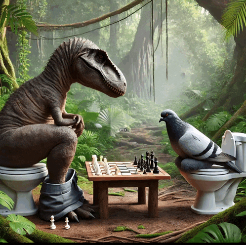 a dinosaur sitting on a toilet playing chess with a pigeon on a toilet