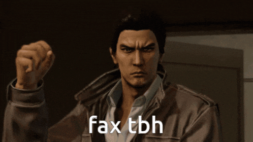 a man in a leather jacket is pointing up with the words fax tbh written below him