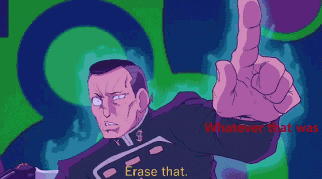 a pixel art of a man pointing at the camera with the words " erase that " written in red