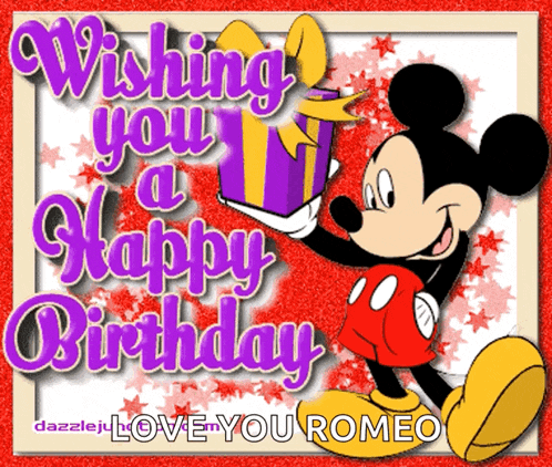 a birthday card with mickey mouse holding a purple gift box