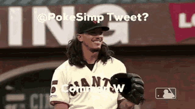 a baseball player with long hair is smiling in front of a sign that says poke simp tweet ?