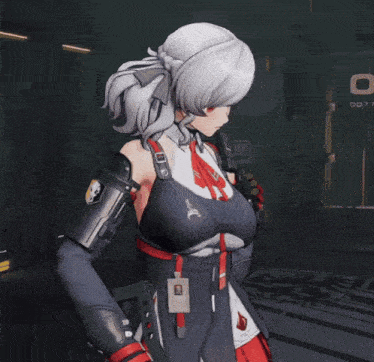 a girl with white hair and a badge that says os on it