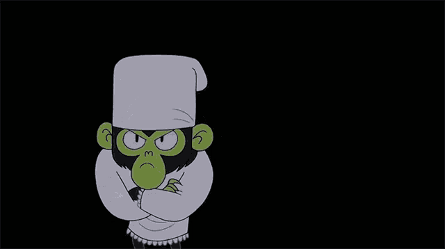 a cartoon character with a green face and a white hat stands in the clouds