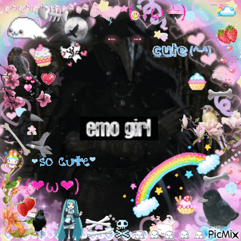 a picture of an emo girl surrounded by hearts and rainbows