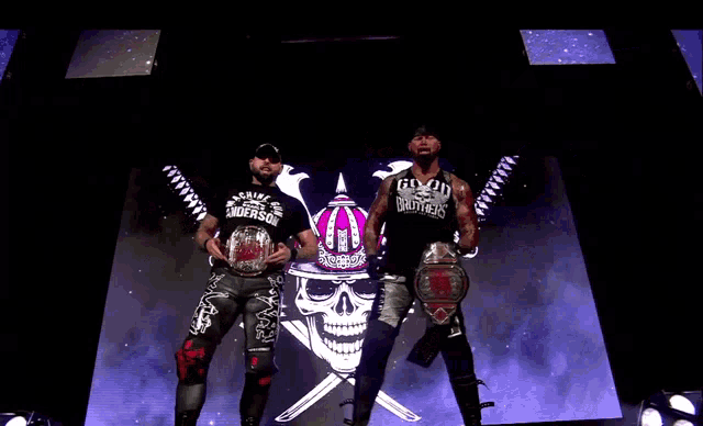 two wrestlers are standing in front of a large screen and one of them is wearing a t-shirt that says anderson