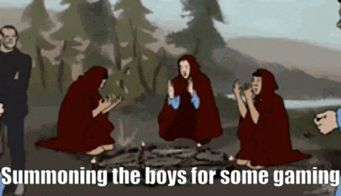 a group of people are sitting around a fire with the words summoning the boys for some gaming on the bottom .