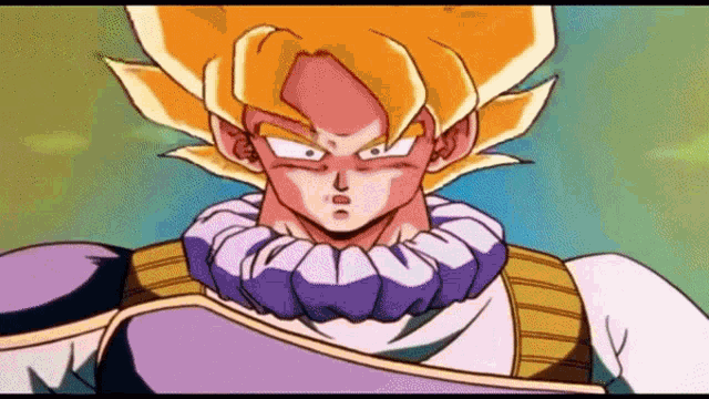 a close up of a cartoon character with yellow hair and a purple scarf around his neck