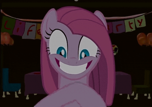 a pink pony is smiling in front of a banner that says life party