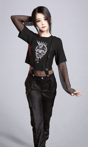 a girl wearing a black t-shirt with a skull on it