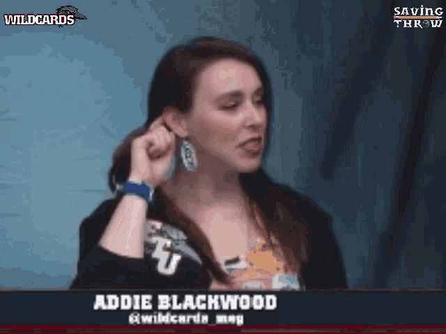 a woman with the name addie blackwood on the bottom of her screen