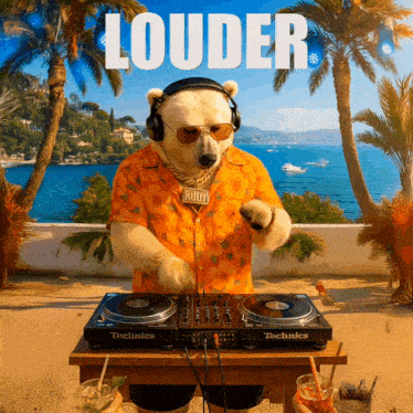 a polar bear wearing headphones is playing music on a technics dj set