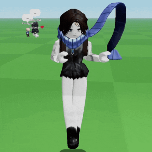 a girl with a blue scarf around her neck is standing in a green field