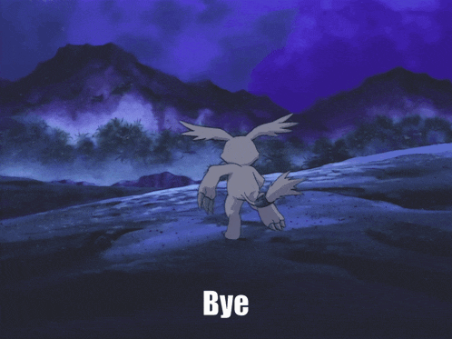 a cartoon character is standing in front of a mountain and the word bye is above him