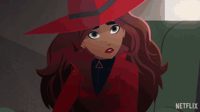 a cartoon of a woman with a red hat and a netflix logo behind her