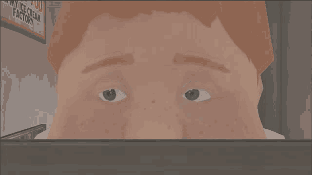 a close up of a man 's face in front of a sign that says ' ice cream factory ' on it