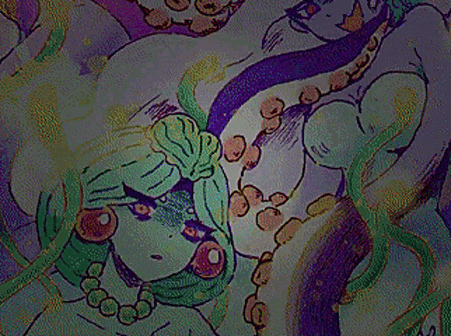 a colorful drawing of a woman with a green headband