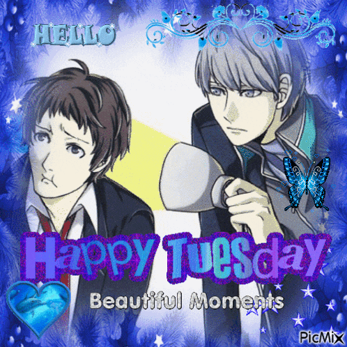 a picture of two anime characters with the words happy tuesday beautiful moments at the bottom