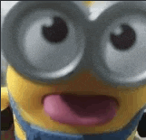 a close up of a minion wearing glasses and sticking out his tongue .