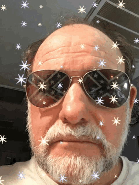 a man with a beard is wearing sunglasses with stars on them
