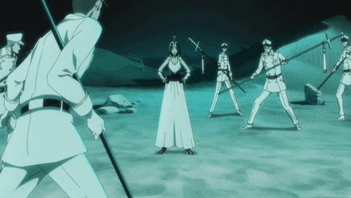 a woman in a white dress is surrounded by soldiers