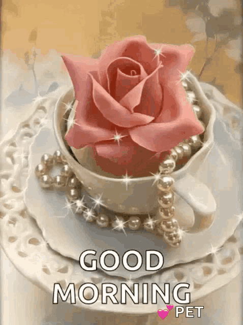 a pink rose is in a cup with pearls and the words good morning pet