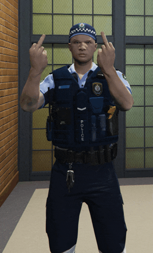 a police officer giving the middle finger in front of a brick wall