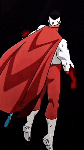 a superhero with a red cape is walking in the dark .