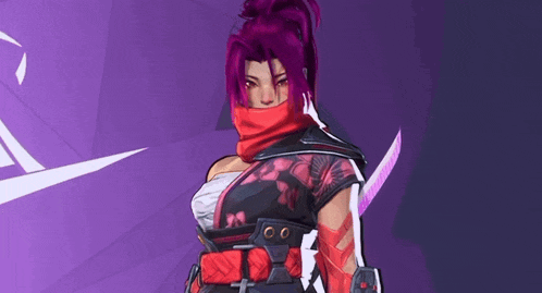a woman with purple hair is wearing a scarf around her neck .