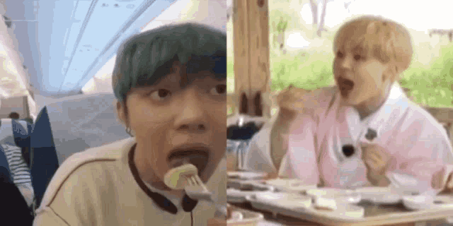 a man with green hair is eating a marshmallow with a fork .