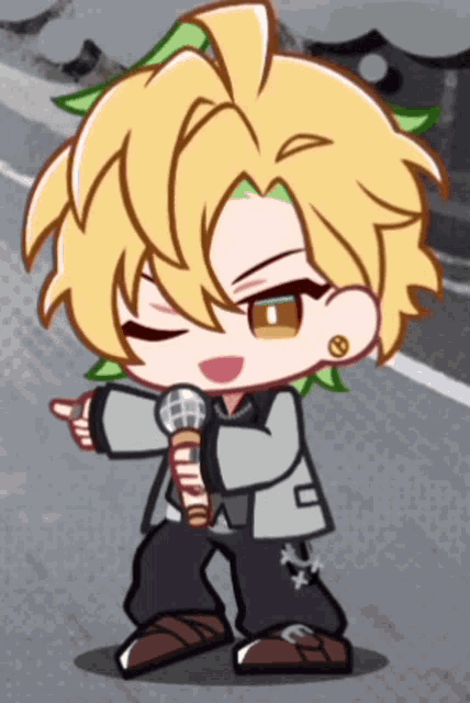 a cartoon character is holding a microphone and pointing at something