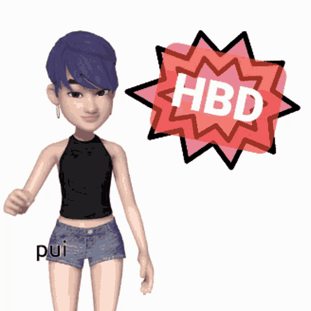 a cartoon girl with purple hair stands next to a hbd sign