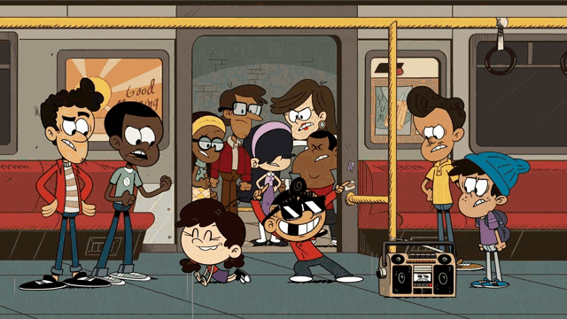 a group of cartoon characters on a subway train with a boombox that says ' g ' on the front