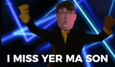 a cartoon of a man with glasses and the words i miss yer ma son on the bottom
