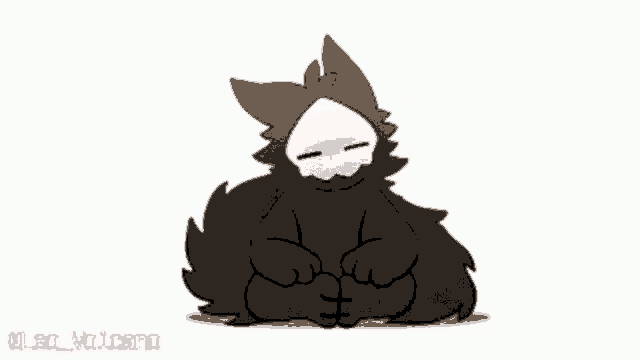 a cartoon drawing of a black and white furry animal sitting down with its eyes closed .