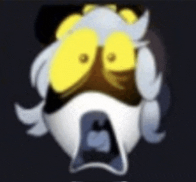a cartoon character with yellow eyes and a surprised look on his face