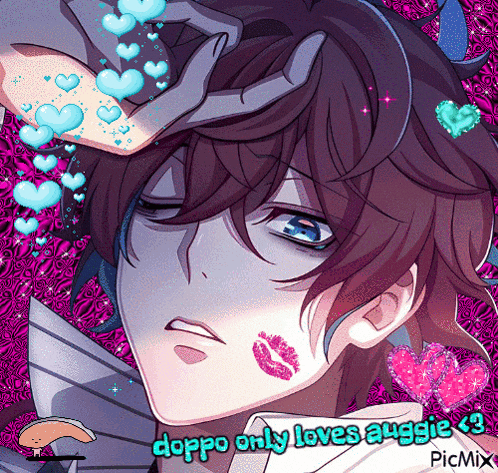 a picture of a man with a kiss on his cheek and the words doppo only loves auggie