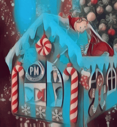 a gingerbread house with candy canes and a logo that says pm
