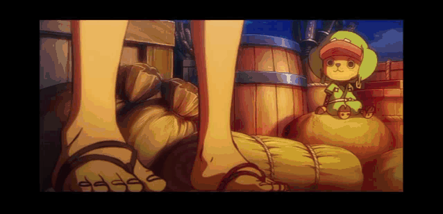 tony tony chopper is sitting on a pile of barrels in a cartoon