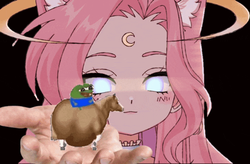 a person holding a small horse in front of a girl with a c on her forehead