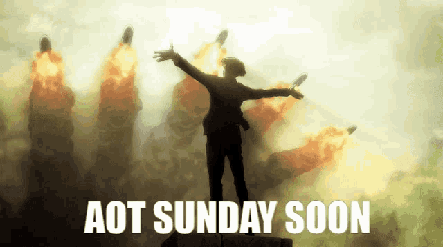a poster that says aot sunday soon with a man standing in front of rockets