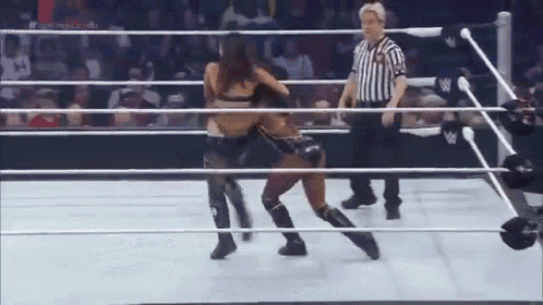 two women are wrestling in a wrestling ring while a referee looks on .