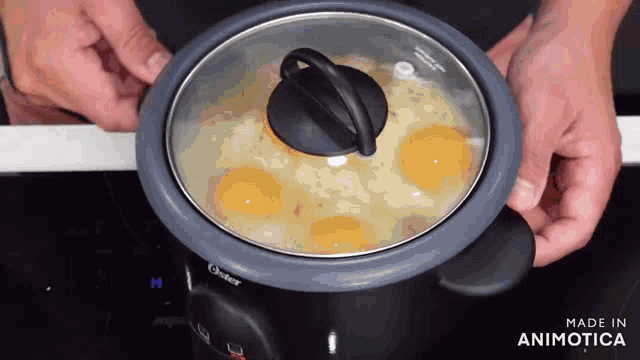 a person is cooking eggs in a pot with a glass lid