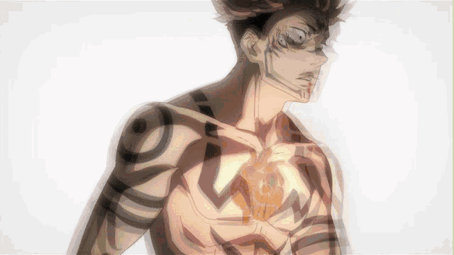 a man with a tattoo on his chest that says ' s ' on it