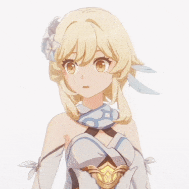 a close up of a anime girl with blonde hair and a blue and white outfit