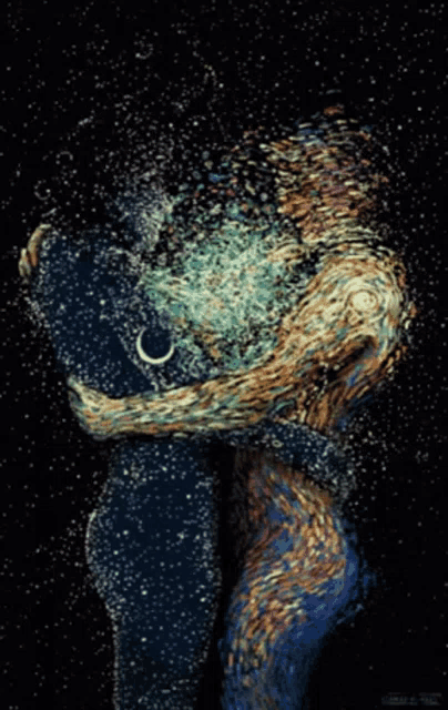 a painting of two people hugging each other with a crescent moon in the background