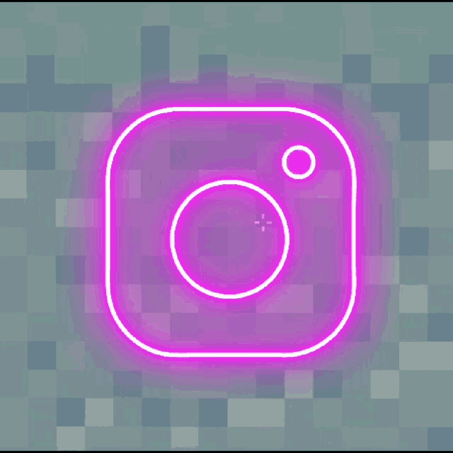 a glowing pink instagram logo on a pixel background