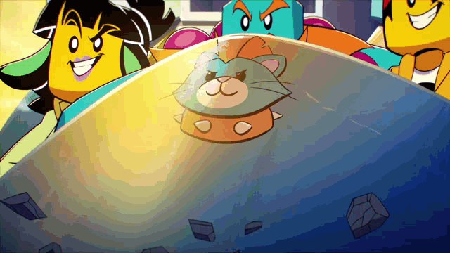 a group of cartoon characters including a cat with a hat on
