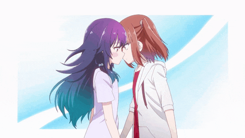 two anime girls are standing next to each other with a blue sky in the background and a foreign language on the bottom